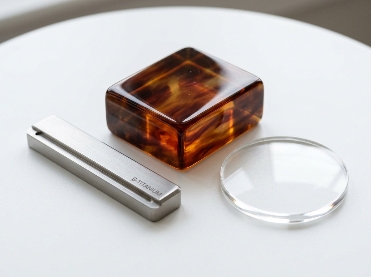 Macro photograph showing raw beta-titanium bar, Japanese tortoise cellulose acetate block, and crystal optical glass disc